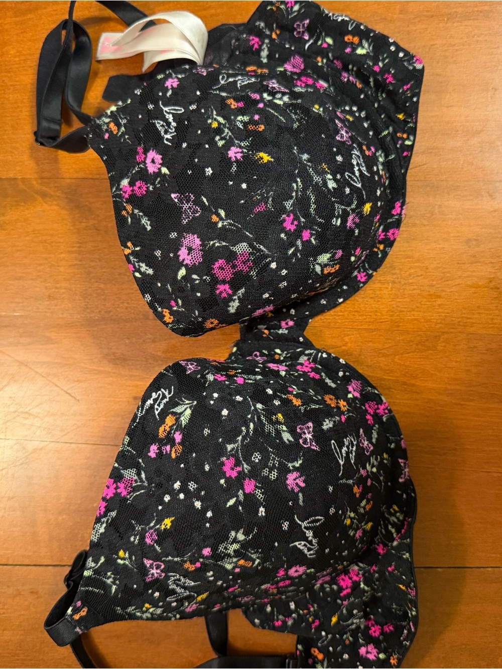 PINK Victoria's Secret Black Floral Lace Bra with Pink & Orange Accents